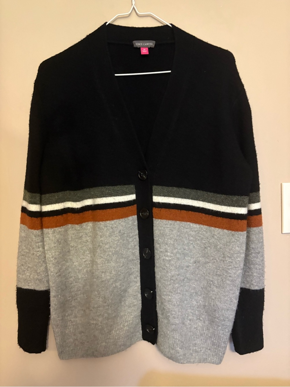 Vince Camuto Black Gray Cream Brown Striped Oversized Button Cardigan